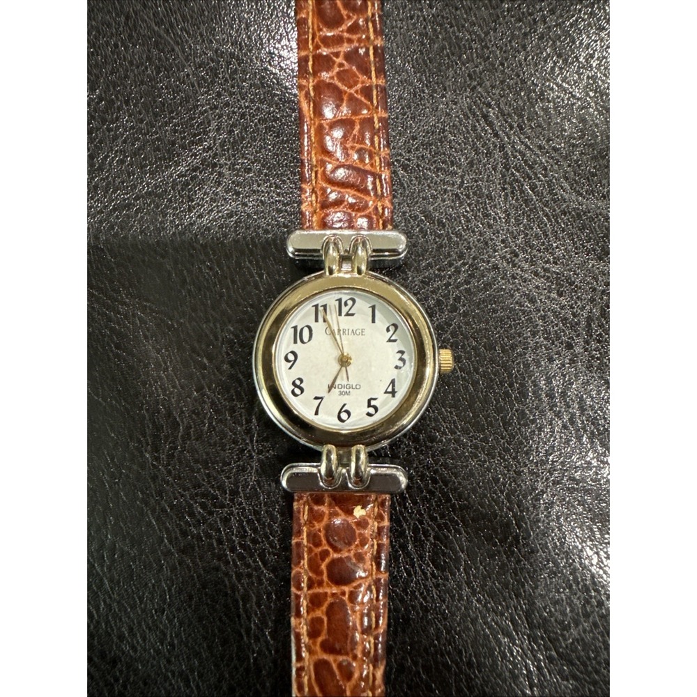 Carriage Wristwatch Gold Tone Brown Leather Buckle Band Round White Face